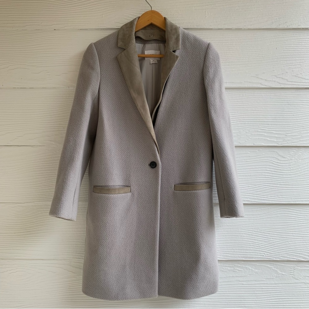 Club Monaco Gray Wool & Leather Long Coat Women's Small Lined Pockets Classic